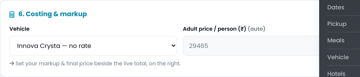 The costing step of the quotation builder: vehicle selection on the left, an automatically calculated adult price per person on the right